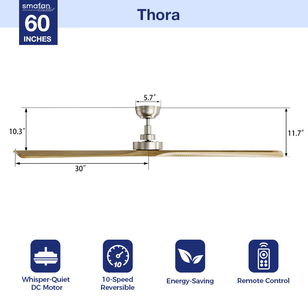 Thora 60 inch farmhouse DC motor ceiling fan with remote in brushed nickel finish, featuring wood-grain blades, dimensions (60" span, 30" blade length, 10.3" height to blade, 11.7" total height, 5.7" downrod), and icons highlighting whisper-quiet DC motor, 10-speed reversible, energy-saving, and remote control.