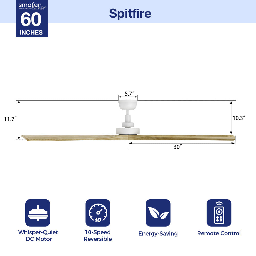 Feature highlights of the Thora 60-inch farmhouse ceiling fan with a DC motor, including energy savings, quiet operation, 10-speed remote control, and durable solid wood blades.