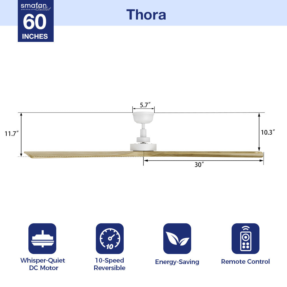 Feature highlights of the Thora 60-inch farmhouse ceiling fan with a DC motor, including energy savings, quiet operation, 10-speed remote control, and durable solid wood blades.
