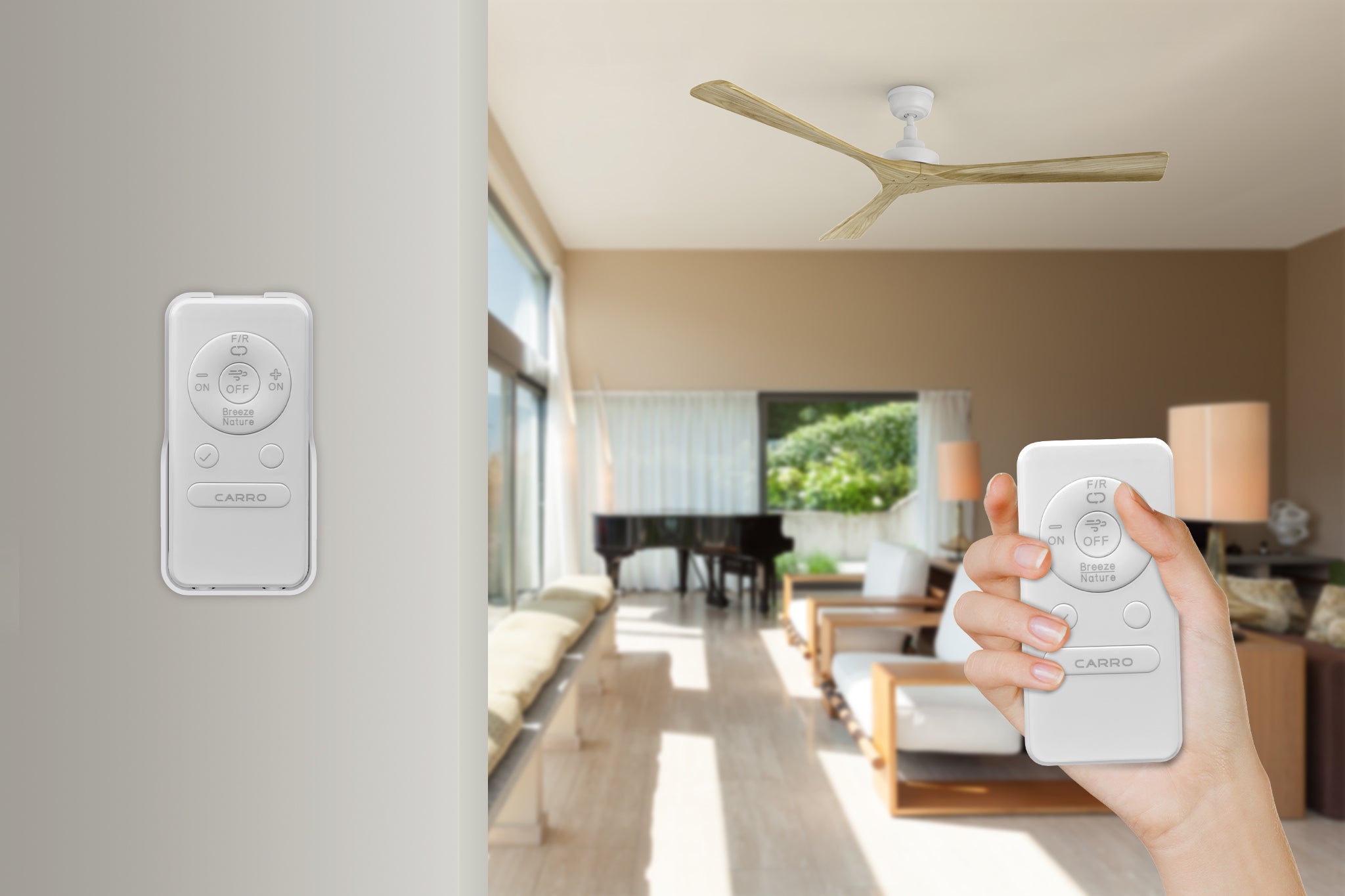 Thora 60-inch farmhouse ceiling fan with a sleek 10-speed remote control, offering adjustable speed, natural wind mode, and reverse function for versatile operation.