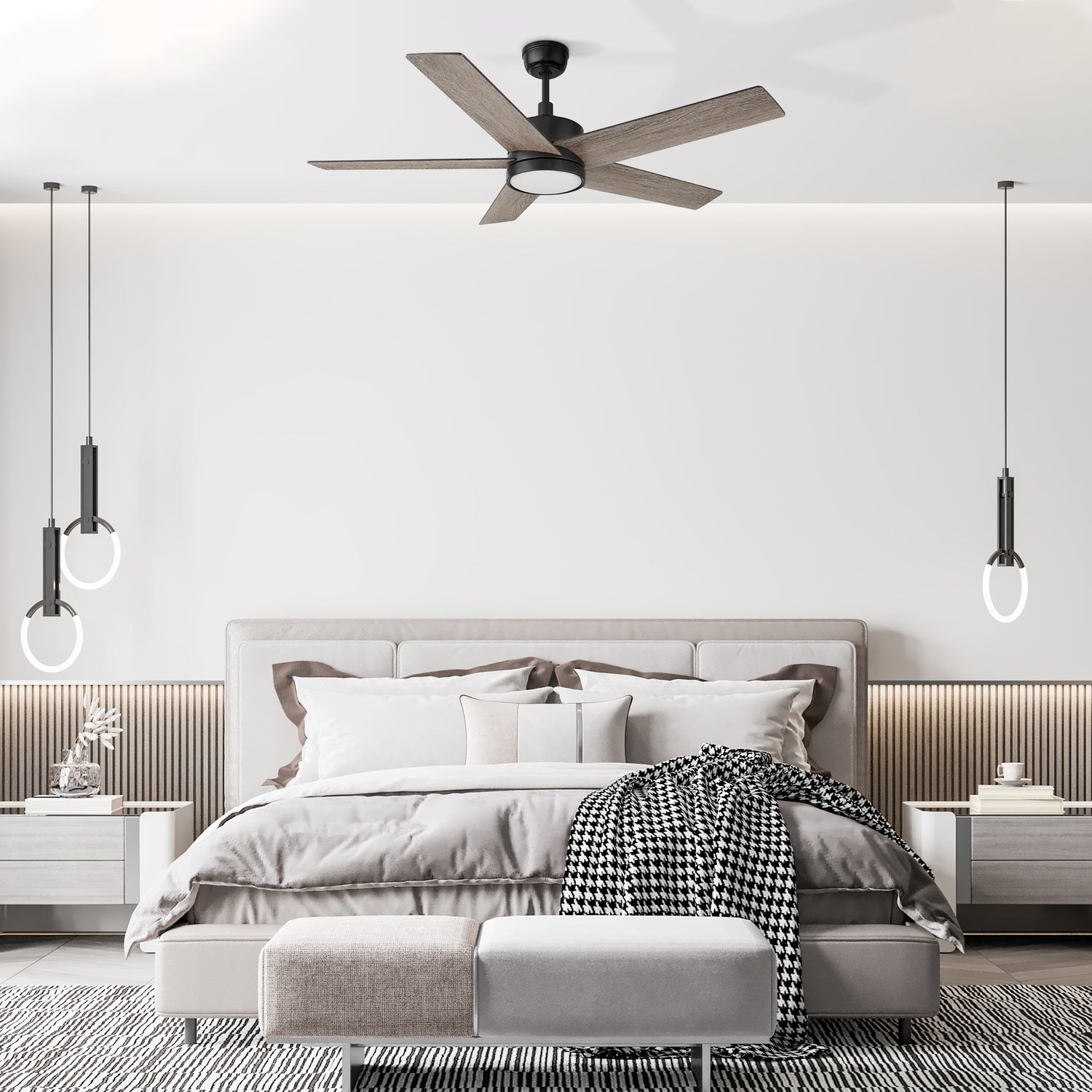 52in black Ceiling Fan: Modern design for a stylish bedroom. Remote-controlled and 10 speeds reversible motor.