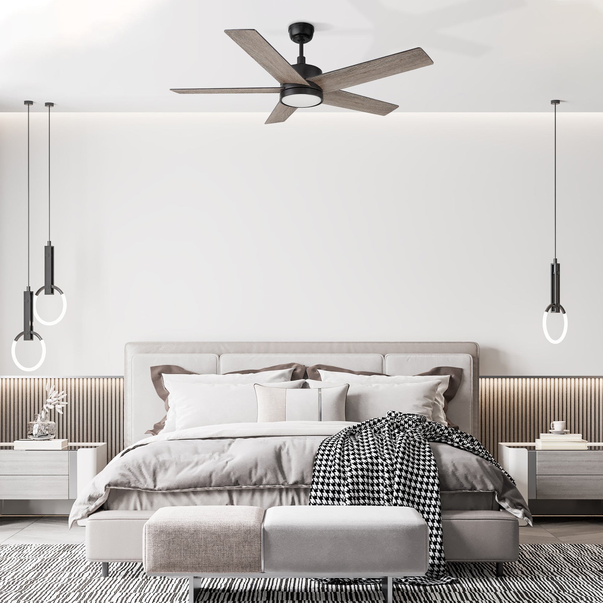 52in black Ceiling Fan: Modern design for a stylish bedroom. Remote-controlled and 10 speeds reversible motor.