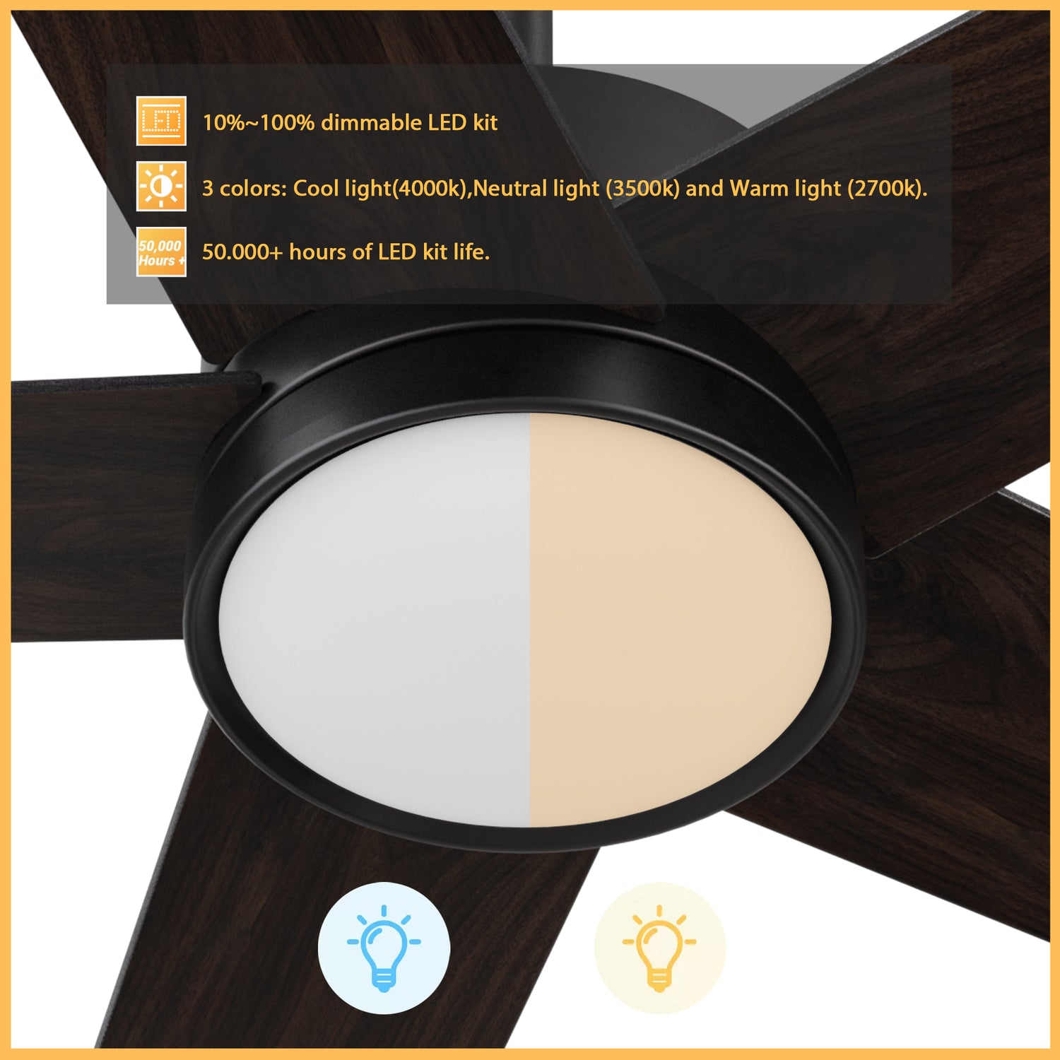 52 inches black ceiling fan with 3 color dimmable light, cool light, neutral light and warm light.