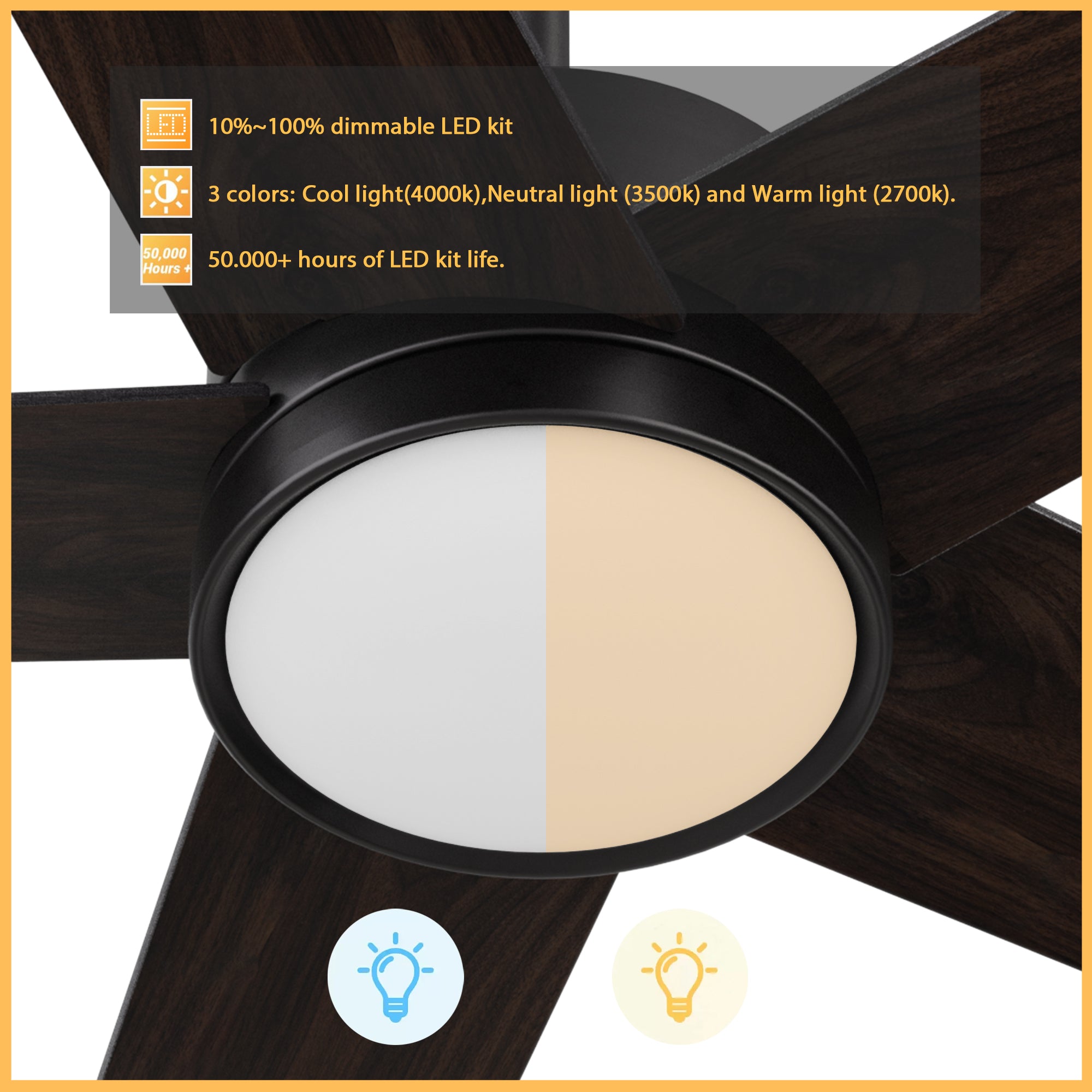 52 inches black ceiling fan with 3 color dimmable light, cool light, neutral light and warm light.