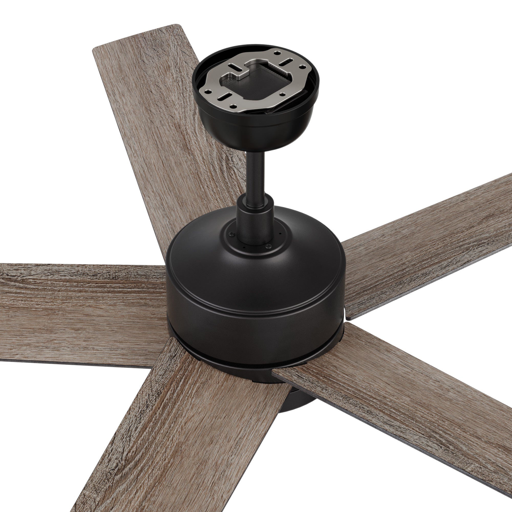 52in Black Ceiling Fan. Downrod mounted, whisper-quiet, and reversible airflow.