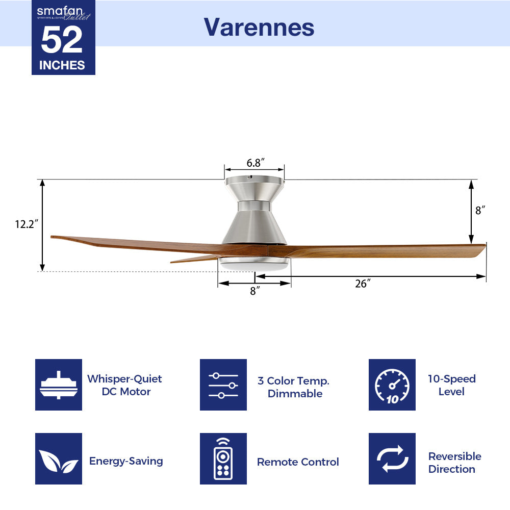 Transform your space with a 52-inch silver low-profile ceiling fan. Enjoy the convenience of a remote-controlled 10-speed adjustable DC motor, 3-color temperature dimmable light with 1300 lumens, and an impressive 4600 CFM high air volume. Indulge in whisper-quiet cooling thanks to the energy-efficient DC motor. The fan&
