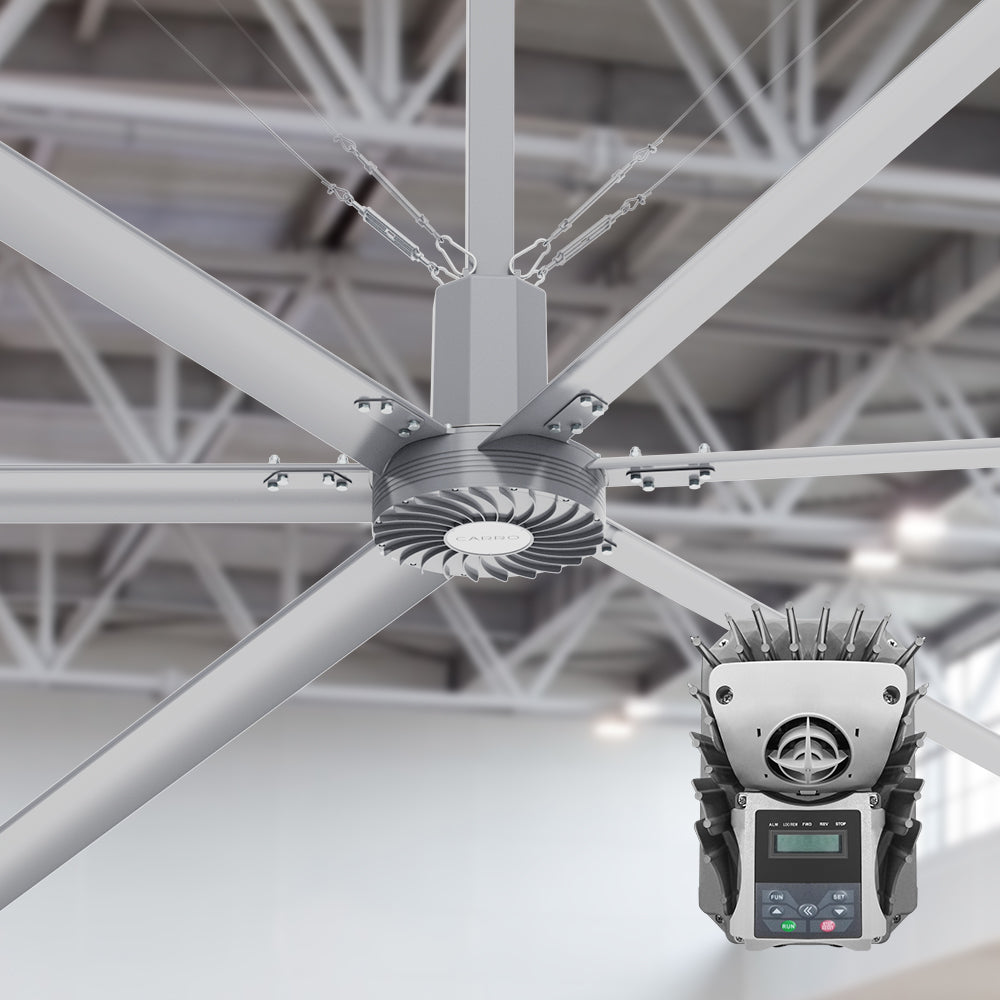20ft industrial fan in silver with wall controller.