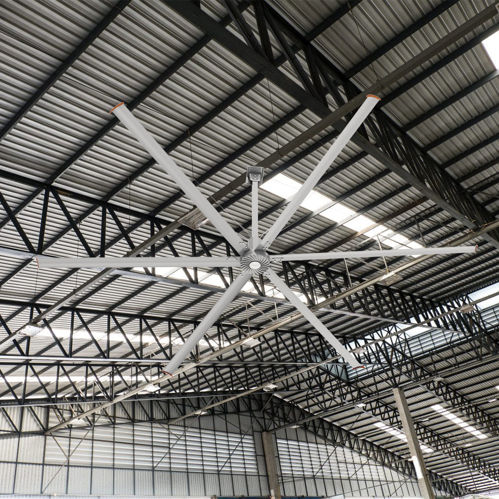 Large industrial fan installed in a spacious warehouse.