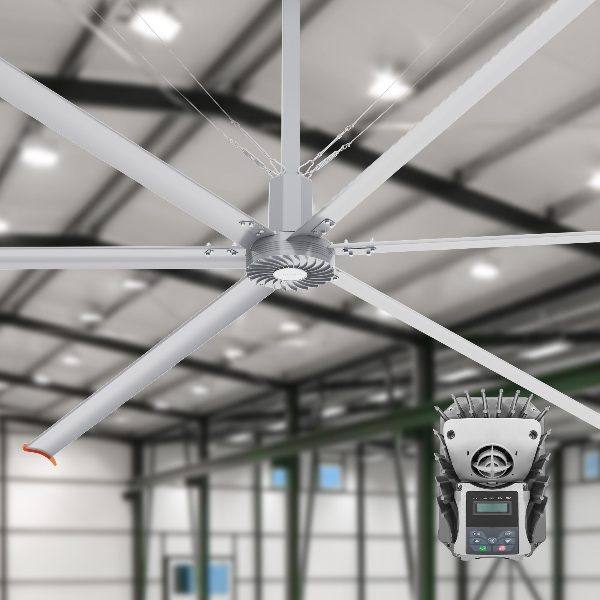 22ft industrial ceiling fan in silver with wire wall controller.