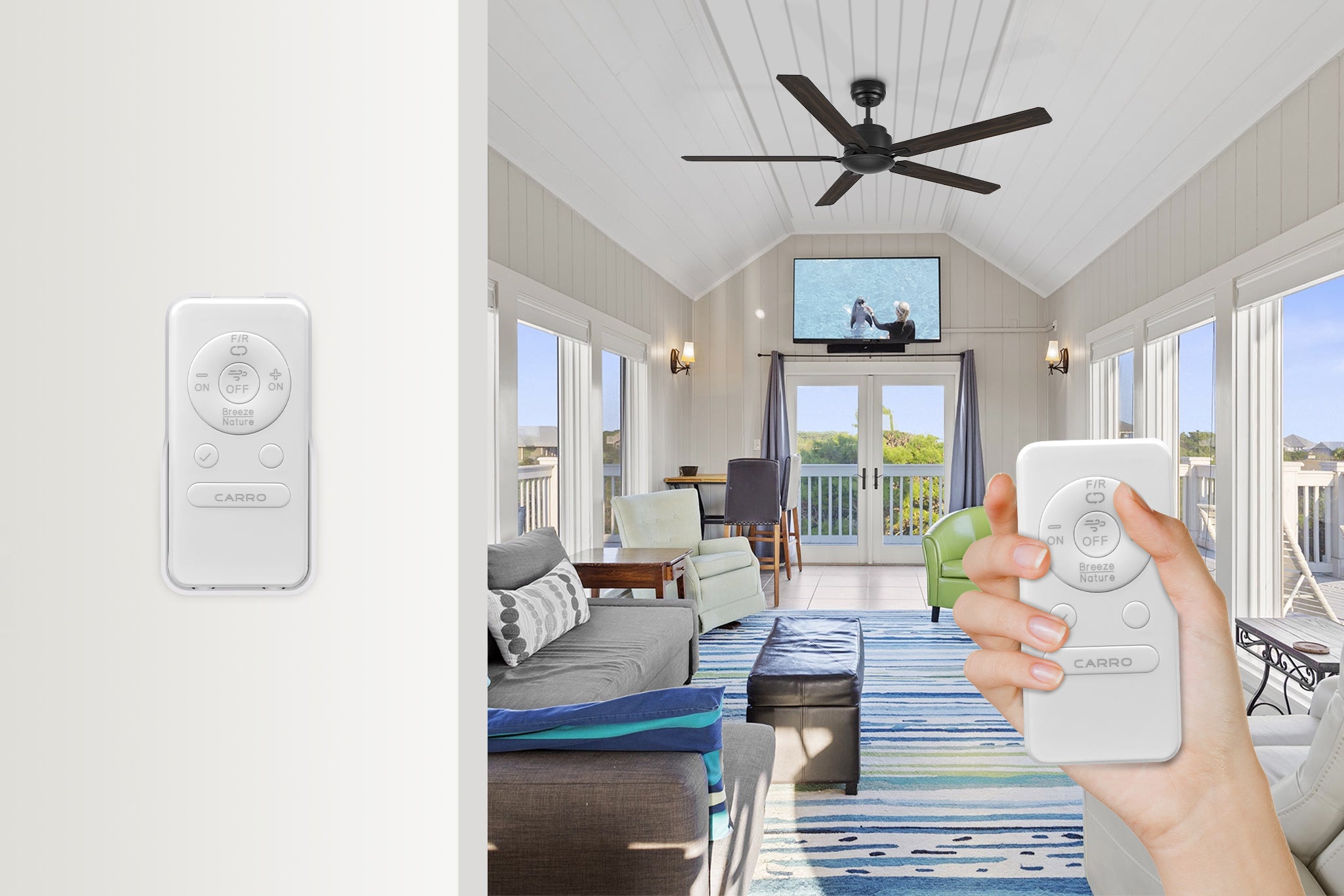 The image displays a two-panel view: on the left is a standalone shot of a white remote control with the "CARRO" logo; on the right is an interior scene of a sunroom/living area where a person's hand holds the same remote control. A black ceiling fan is visible in the ceiling above the furniture.