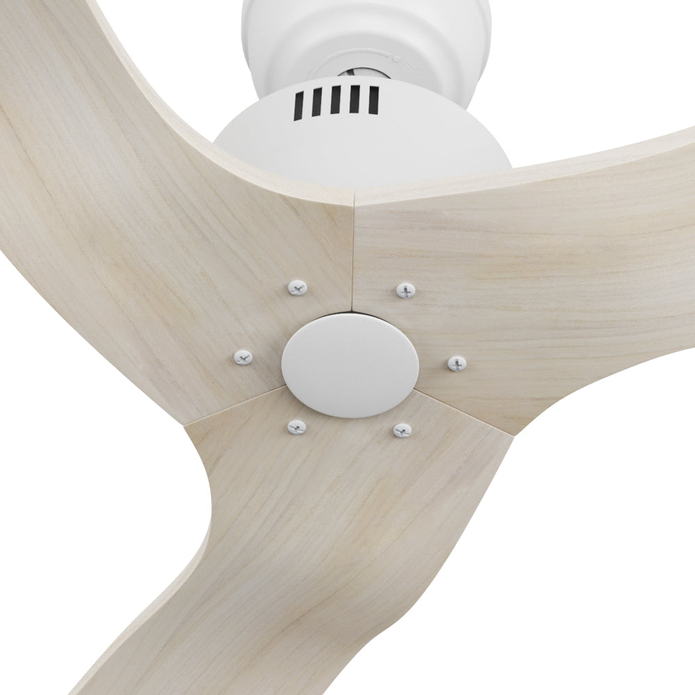 Yarmouth 3-blade wood ceiling fan without light close-up view showing the bottom motor housing and curved blades.