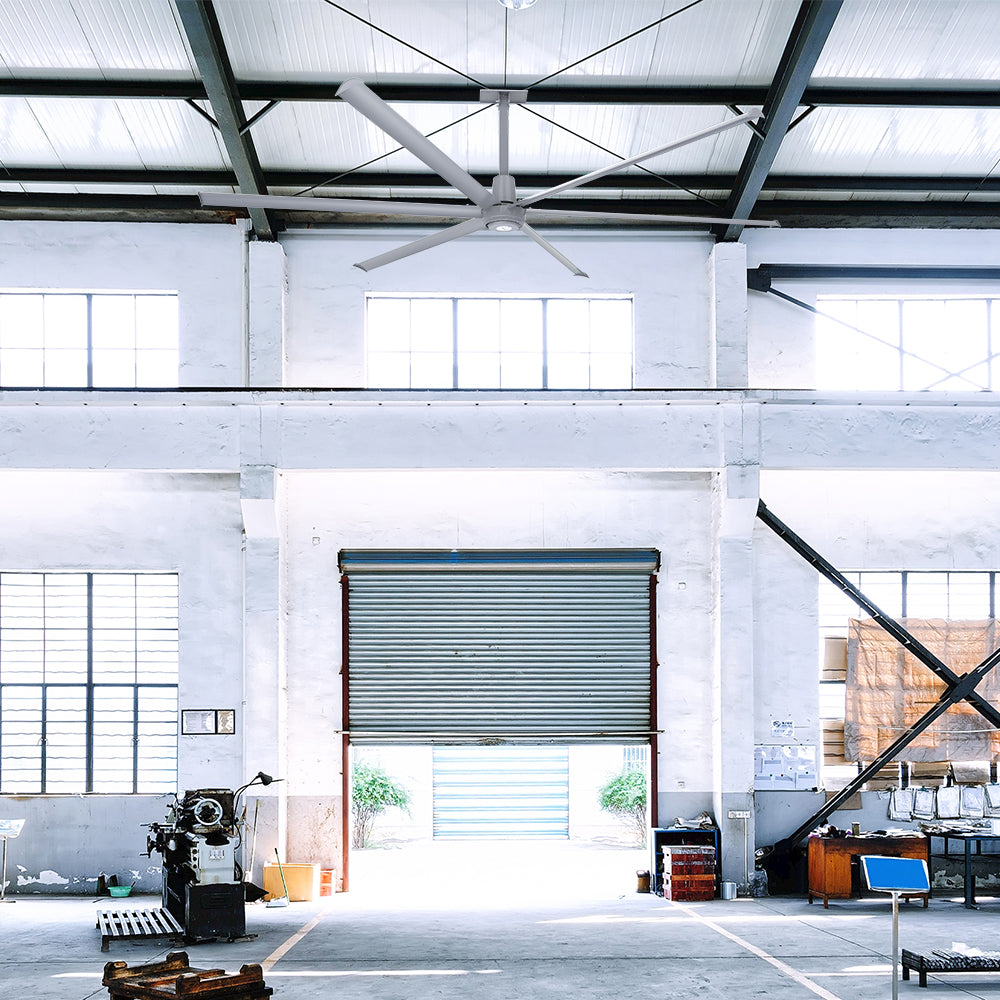 12ft commercial HVLS large ceiling fan installed in garage.