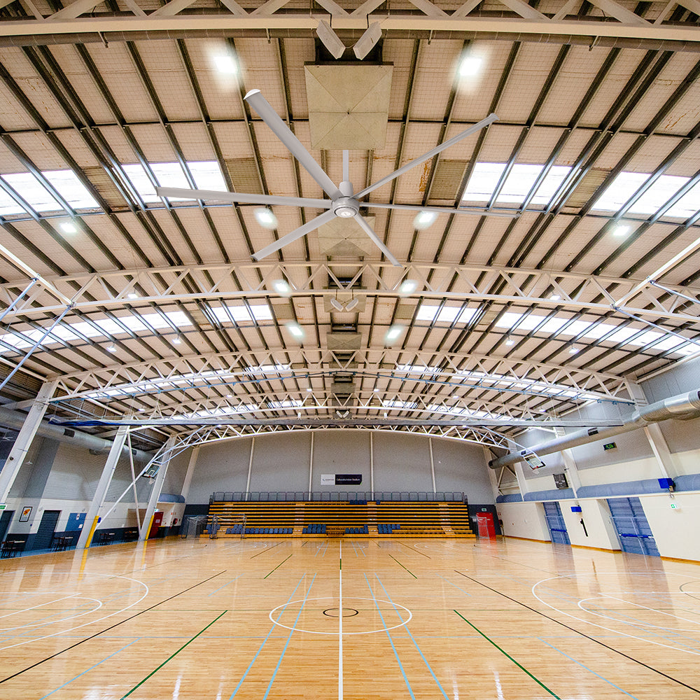 12ft commercial HVLS large ceiling fan installed in stadium.