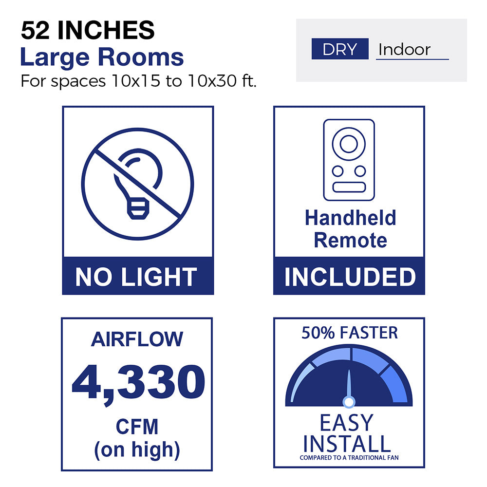 Diagram of a 52-inch ceiling fan designed for large indoor rooms measuring 10x15 to 10x30 feet, specifically for dry environments. The image illustrates a stylized living room layout with furniture, showcasing the fan&