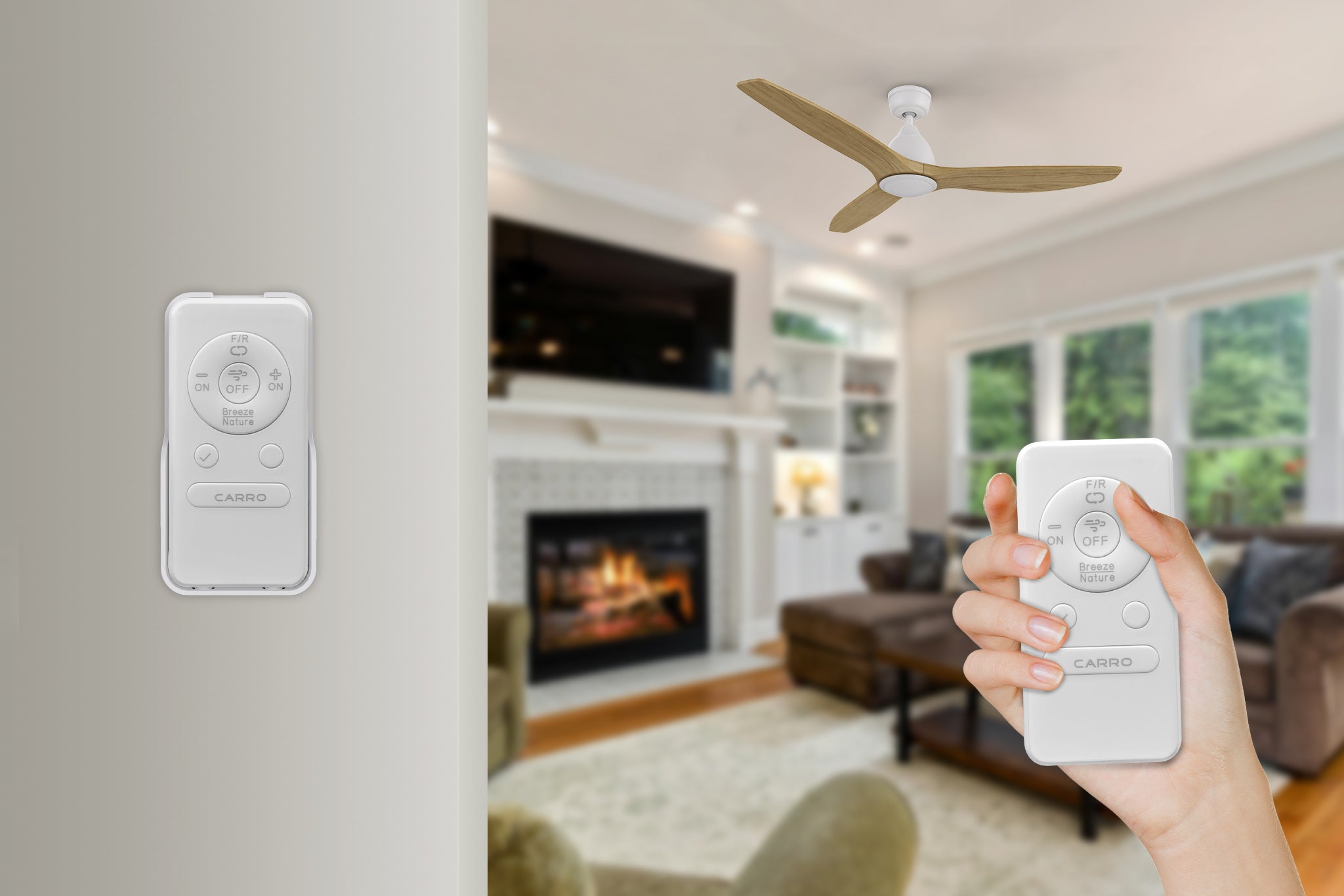 A bright living room featuring the Zircon ceiling fan with three solid wood blades in a natural finish and a white motor housing. The remote control is shown in use, highlighting the controlor can be used as wall switch.
