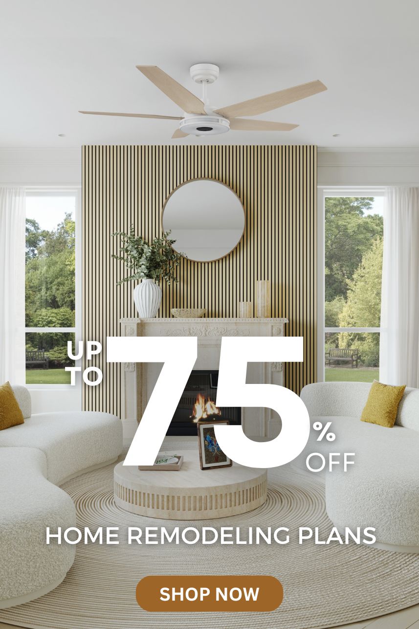 Home remodeling plans banner up to 75% off and show white ceiling fan with light and wood grain 5 blades in elegant living room