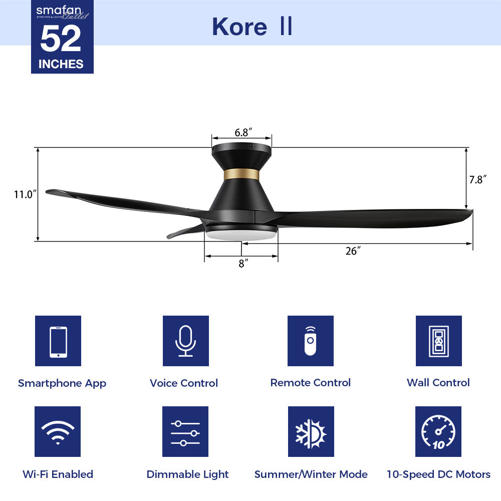 Kore 52" flush mount smart ceiling fan in black with light and 10-speed DC motor.