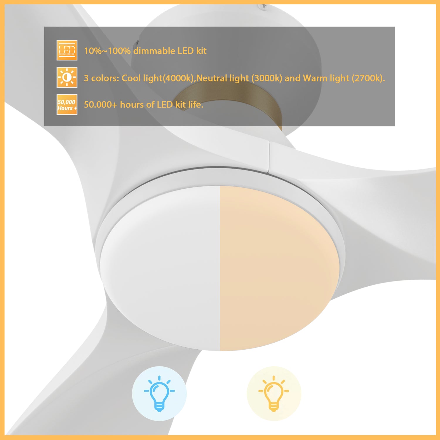 The Kore 52" white flush mount smart ceiling fan includes integrated LED light kit with warm light and cool light, it offers lower energy consumption and a longer life span