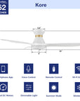 Kore 52" white flush mount smart ceiling fan with light specification