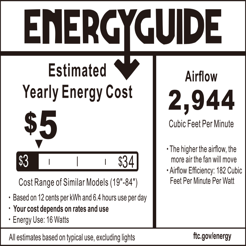 An Energy Guide label for the Maclean 52-inch Low Profile Ceiling Fan. The label shows an estimated yearly energy cost of $5, compared to a range of $3 to $34 for similar models (19"-84"), based on 12 cents per kWh and 6.4 hours of daily use, with an energy use of 16 watts. The ceiling fan provides an airflow of 2,944 cubic feet per minute (CFM), with an airflow efficiency of 182 CFM per watt, ensuring efficient cooling and air circulation. Source: ftc.gov/energy.