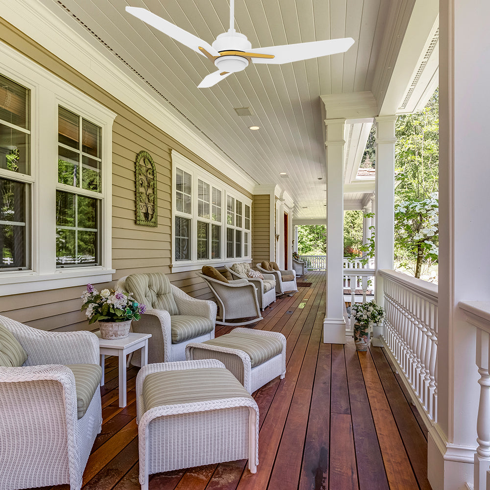 This Tilbury 48-inch outdoor ceiling fan with white & gold color features a modern design and an integrated LED light kit.