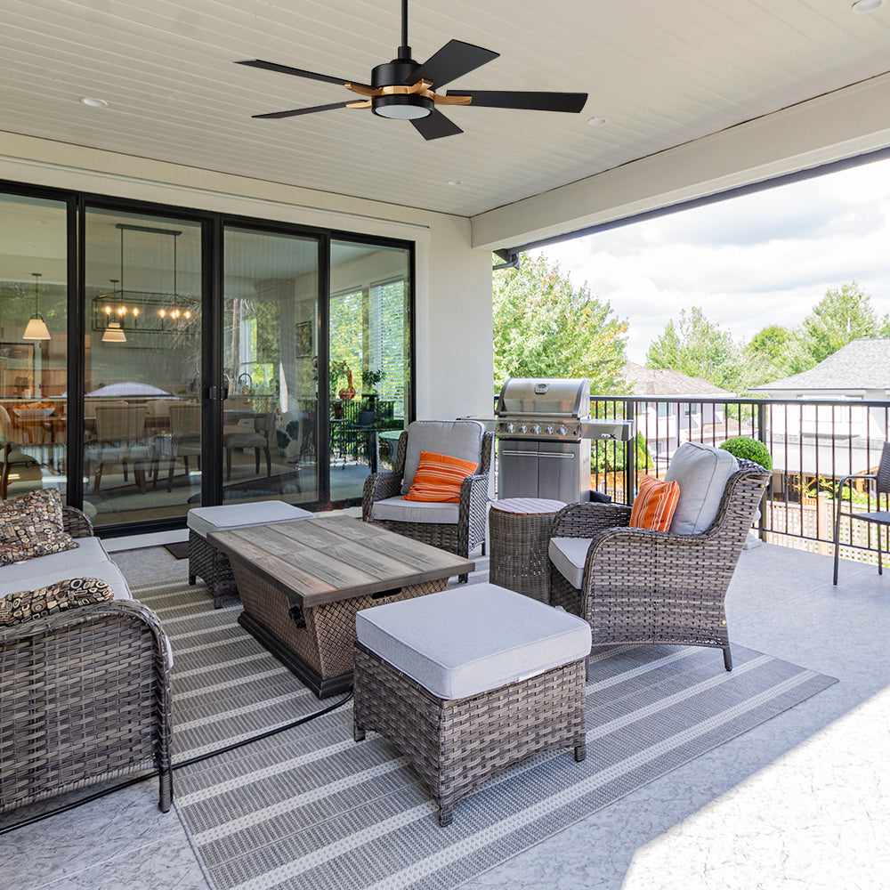 This sleek and stylish 52inch Apex outdoor ceiling fan in black&gold with 5 plywood blades is perfect for any modern outdoor spaces