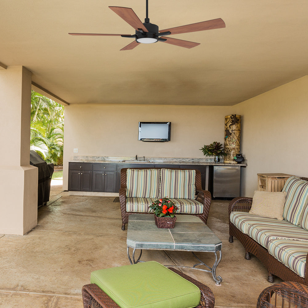 This sleek and stylish 52inch Apex outdoor ceiling fan in wood with 5 plywood blades is perfect for any modern outdoor spaces