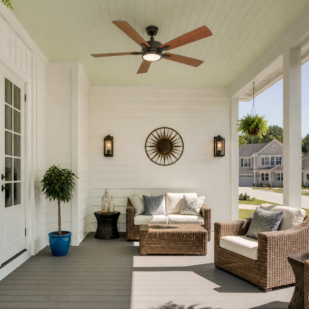 This sleek and stylish 52inch Apex outdoor ceiling fan in wood with 5 plywood blades is perfect for any modern outdoor spaces
