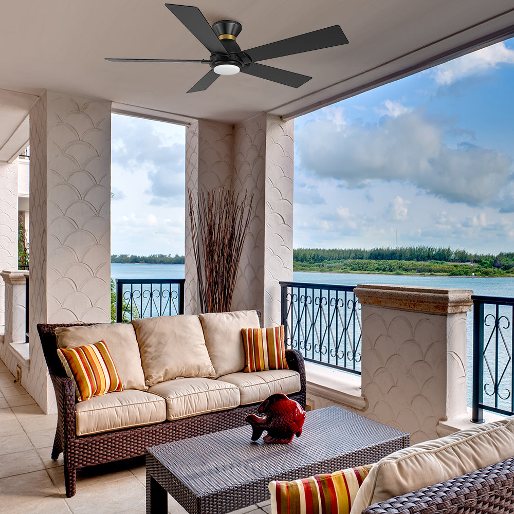 With modern design and a silent DC motor, this Aspen 52 inch flush mounted Wi-Fi ceiling fan in black color is a stylish choice for your outdoor space.