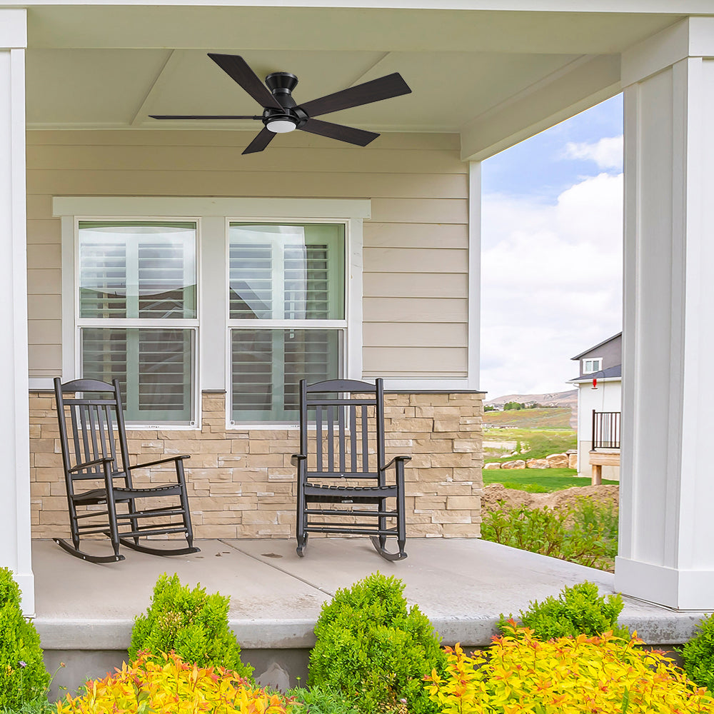 With modern design and a silent DC motor, this Aspen 52 inch flush mounted Wi-Fi ceiling fan in wood color is a stylish choice for your outdoor space.