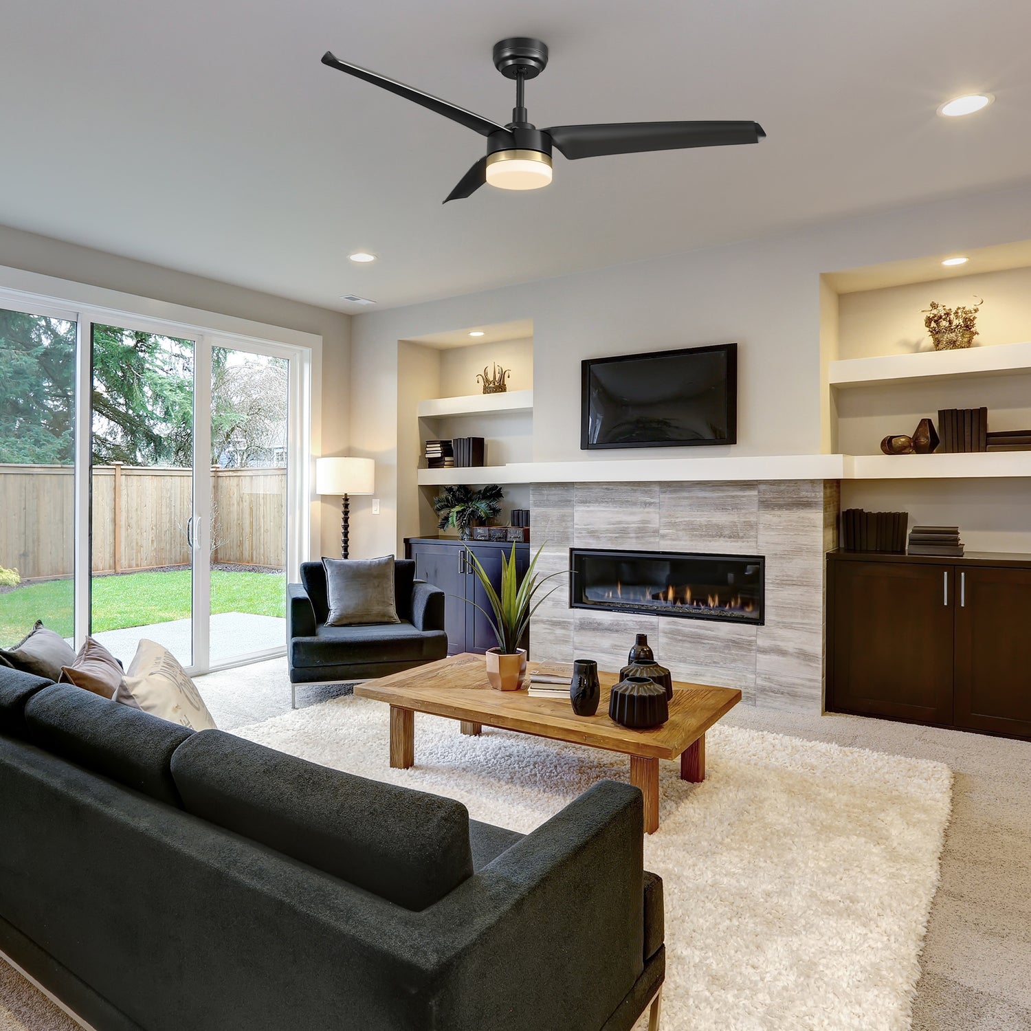 With a downrod, this Attis indoor ceiling fan with 3 blades can be angled mounted in your living room.