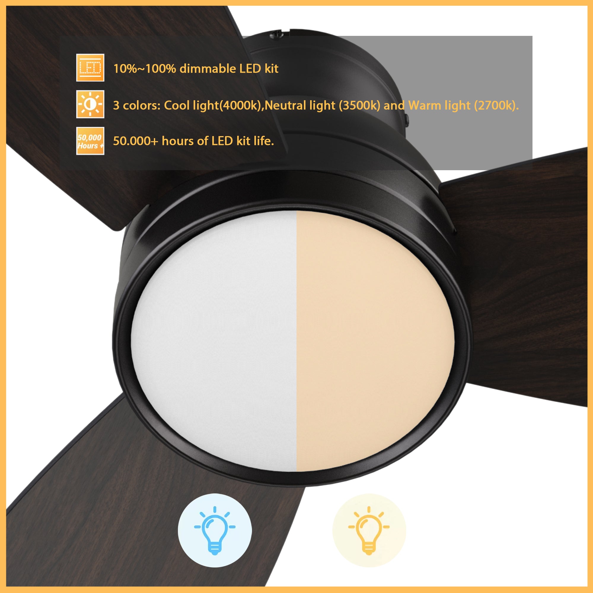 44-inch black flush mounting ceiling fan with 3-color dimmable led light. Up to 1300 lumens, allow you enjoy the cooling and brightness at the same time.