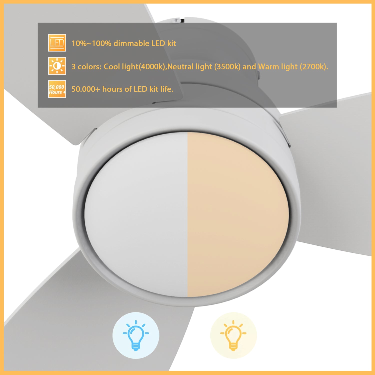 44-inch white flush mounting ceiling fan with 3-color dimmable led light. Up to 1300 lumens, allow you enjoy the cooling and brightness at the same time.