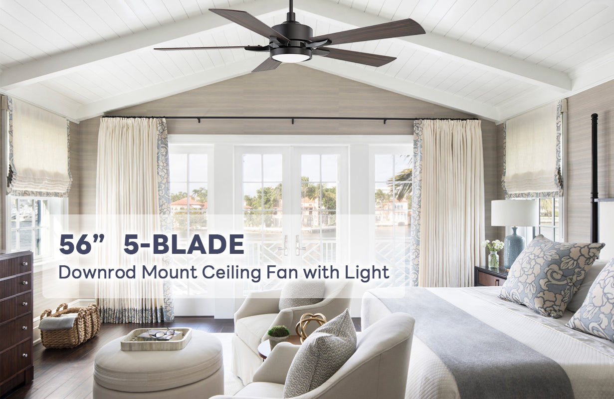 remote ceiling fan with wooden blades matches with round coffee tables, white leather chairs, spacious floor-to-ceiling glass Windows, and a large double bed with gray patterned pillows make the bedroom look particularly luxurious.