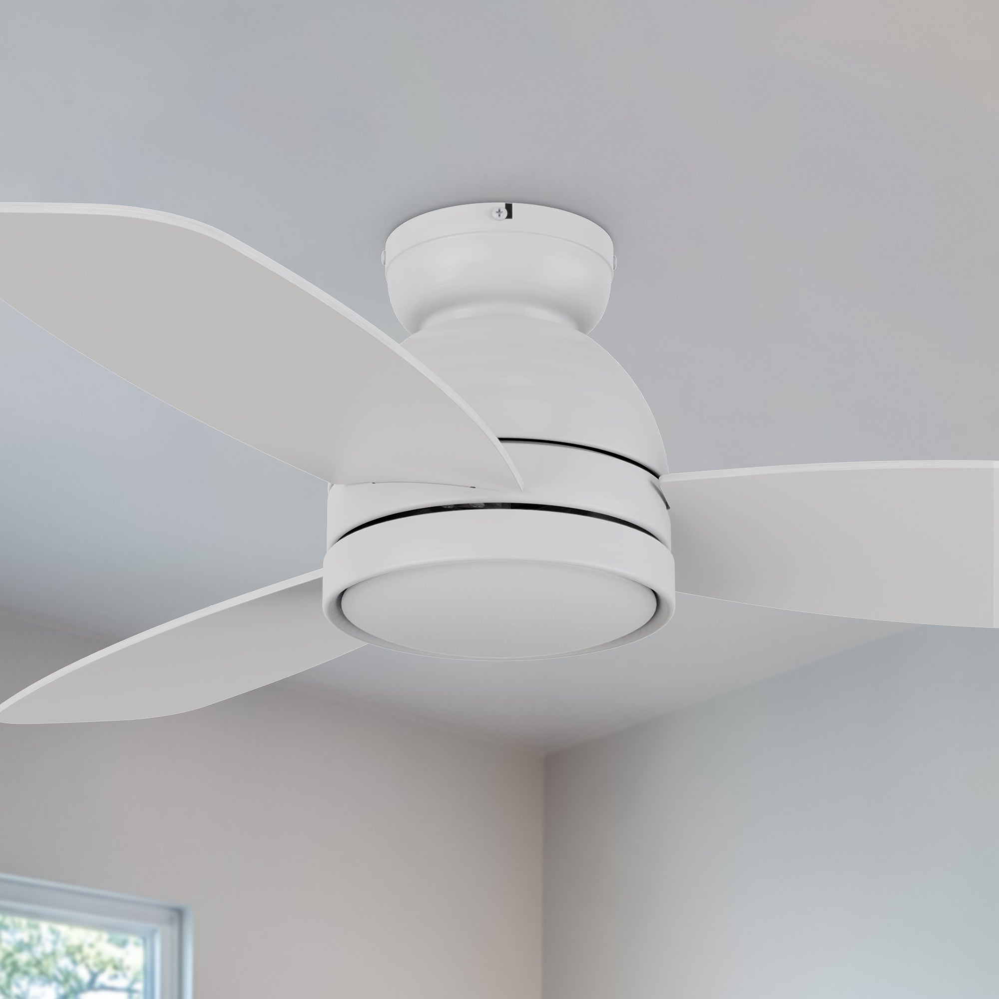 44-inch white flush mounting ceiling fan with light and remote.