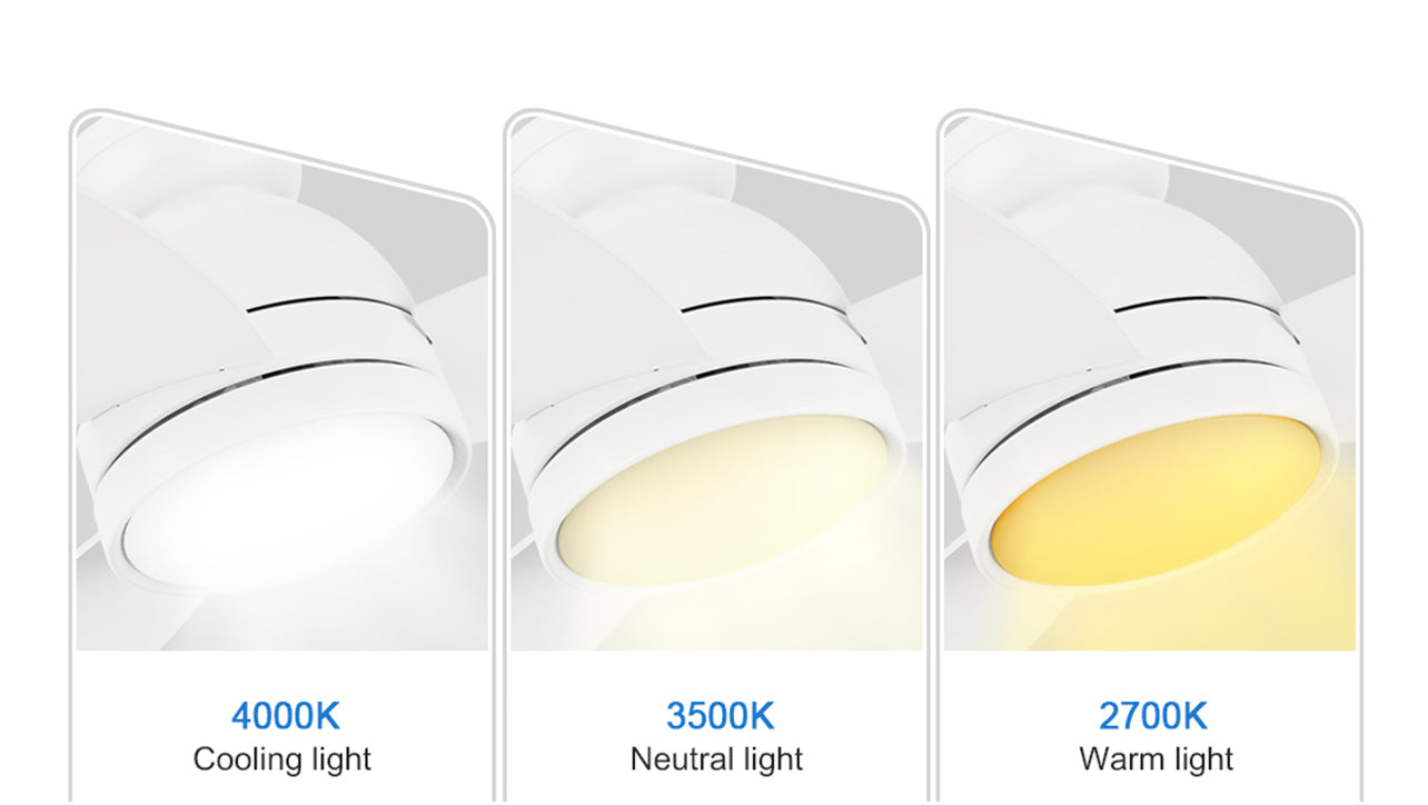 Flush mounting ceiling fan 44 inches with three color dimmable led light, such as 4000K cooling light, 3500K neutral light, and 2700K warm light.