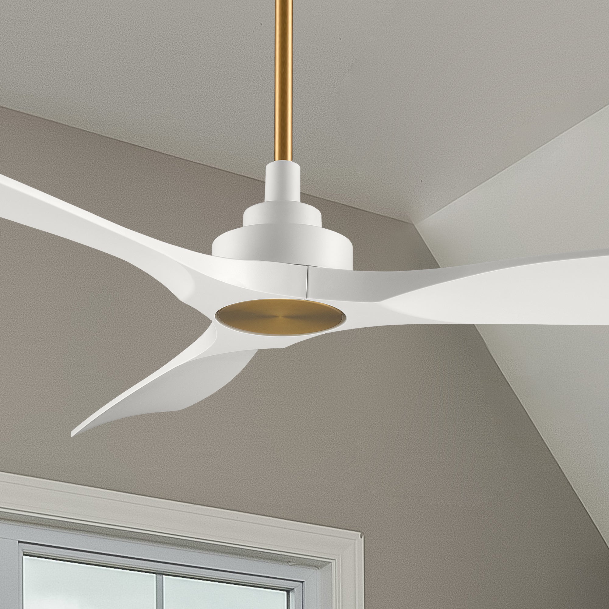 Smafan Carro Kilmory 52 inch ceiling fan with white and gold finish, strong ABS blades. Features Remote control to set fan preferences.
