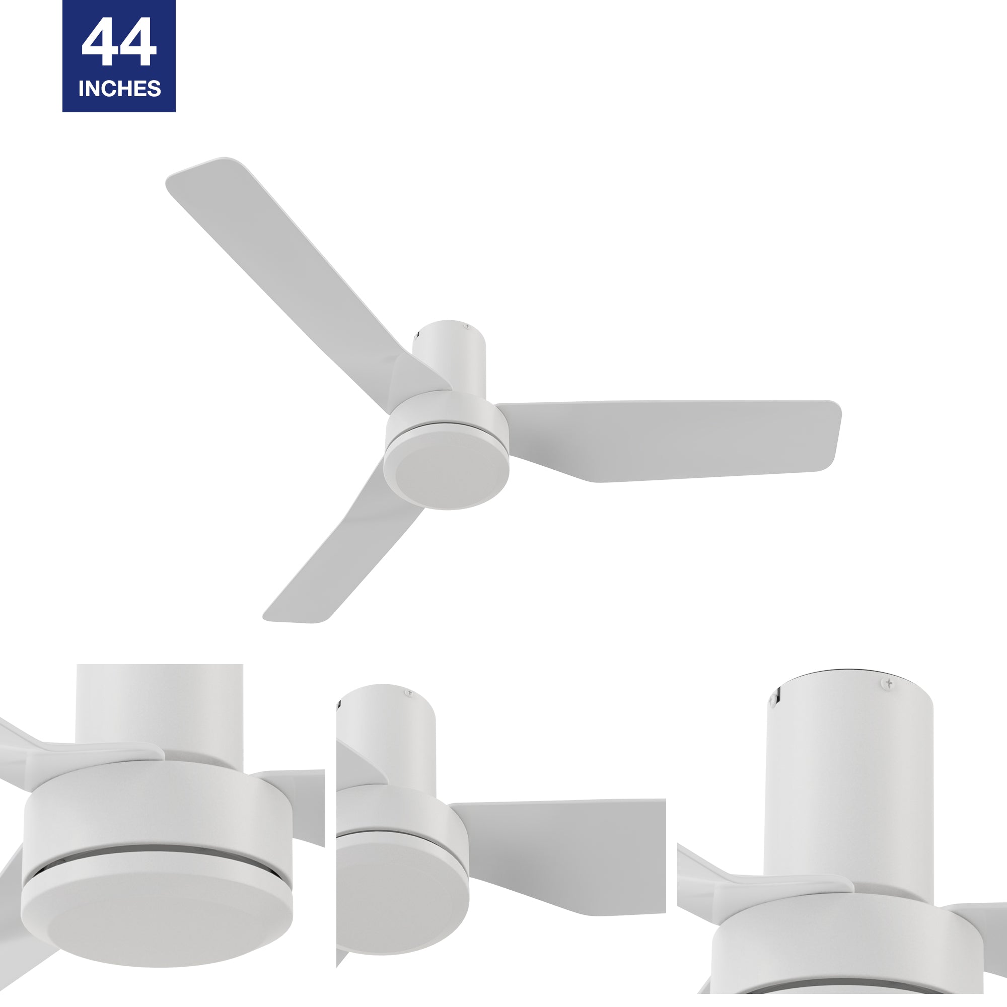 44in modern downrod mounted ceiling fan designs with white low profile rod and durable ABS fan blades.