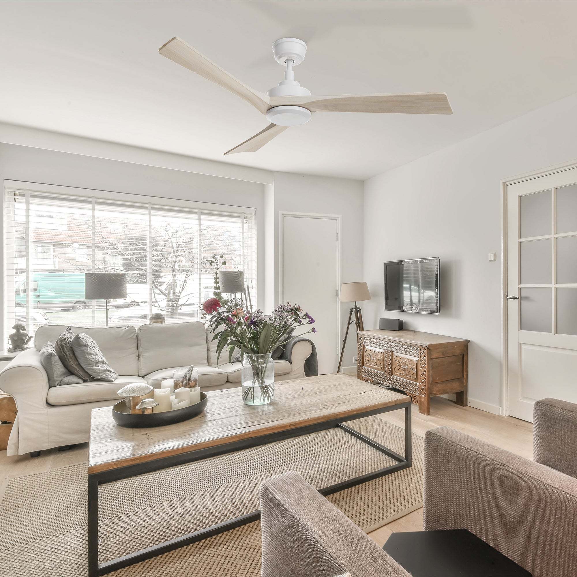 52in Ceiling Fan with Reversible DC motor, Solid Wood blades, and whisper-quiet operation. Perfect for modern living rooms.