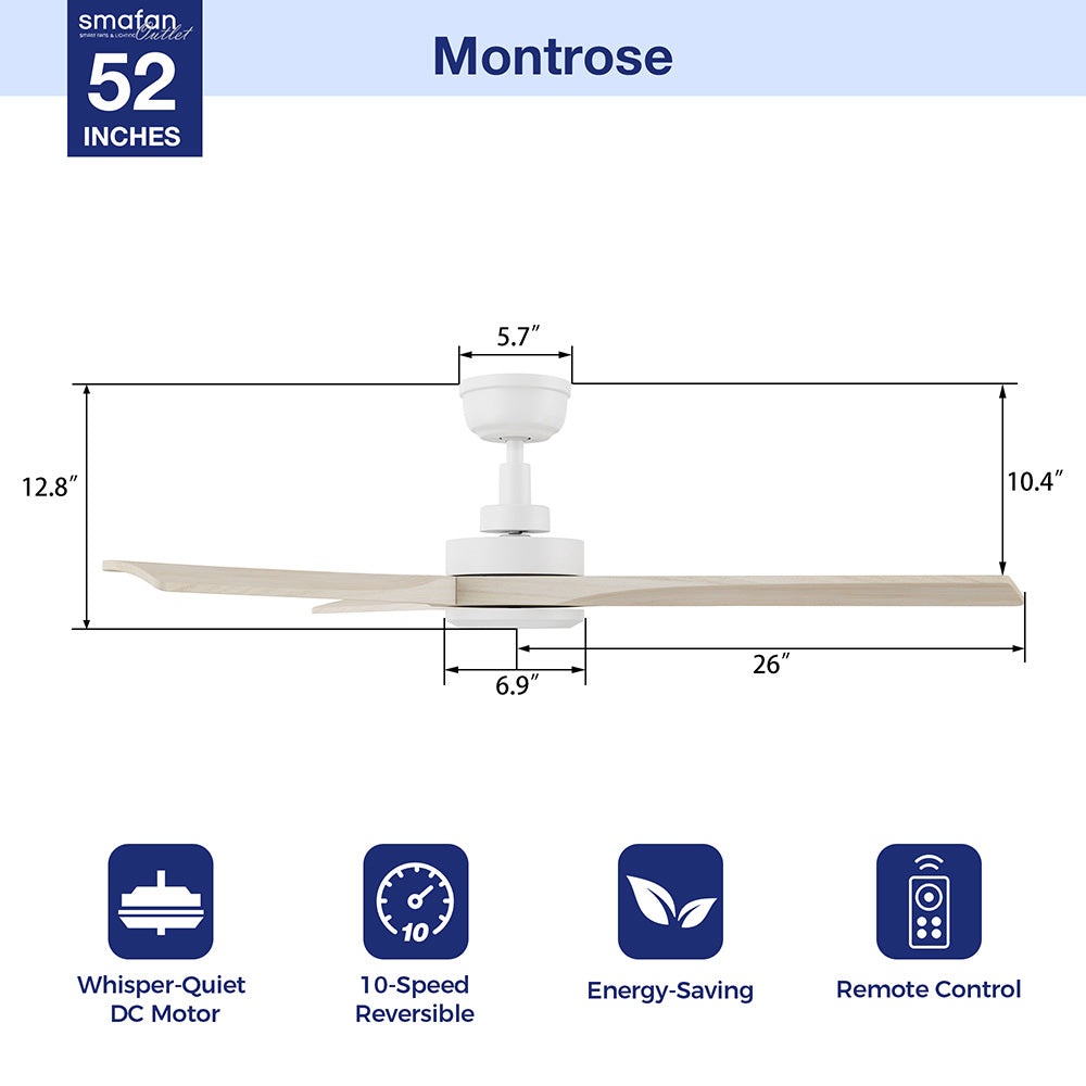 Enhance your indoor space with the 52in Ceiling Fan without lights. Reversible DC motor, Solid Wood blades, and modern design for personalized comfort.