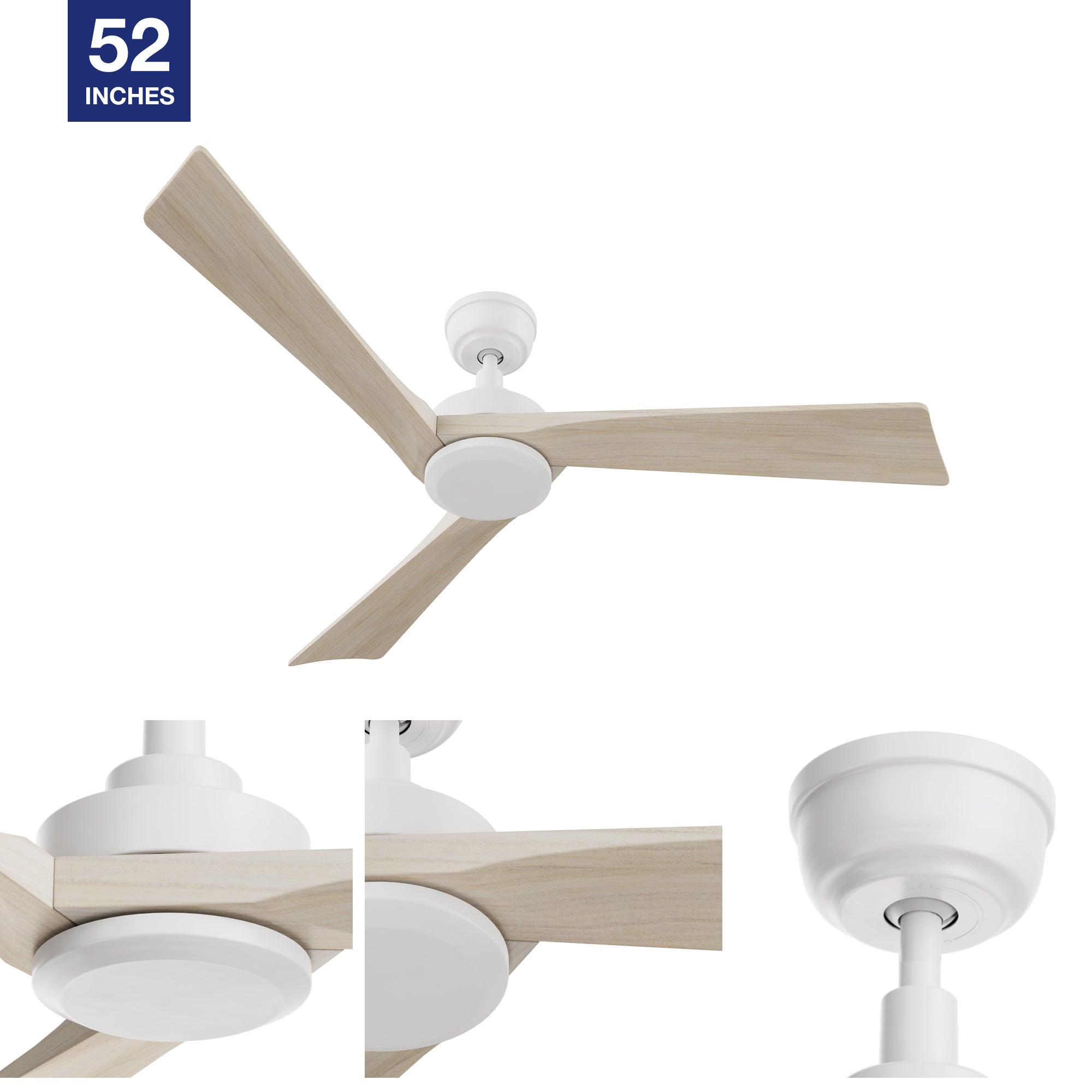 52in modern downrod mounted ceiling fan designs with white downrod and solid wood fan blades.