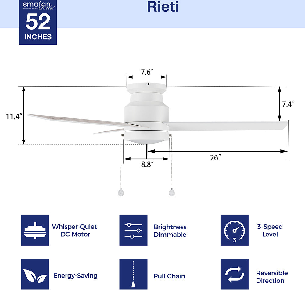 The dimension image of 52-incha flush mounting white ceiling fan with LED light and pull chain.