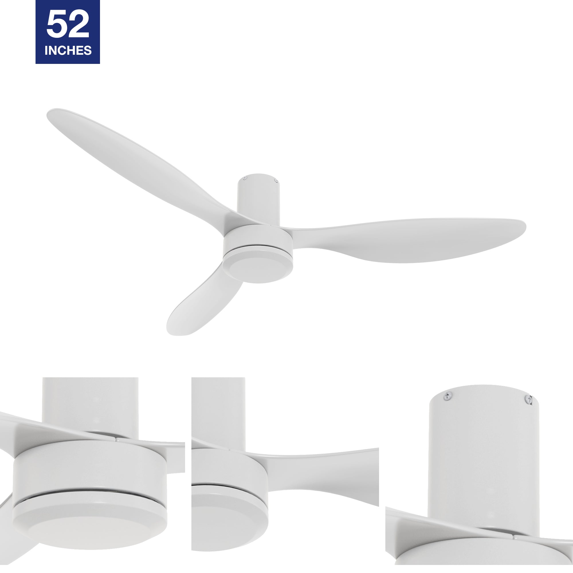 52in modern flush mounted ceiling fan designs with white low profile rod and durable ABS fan blades.