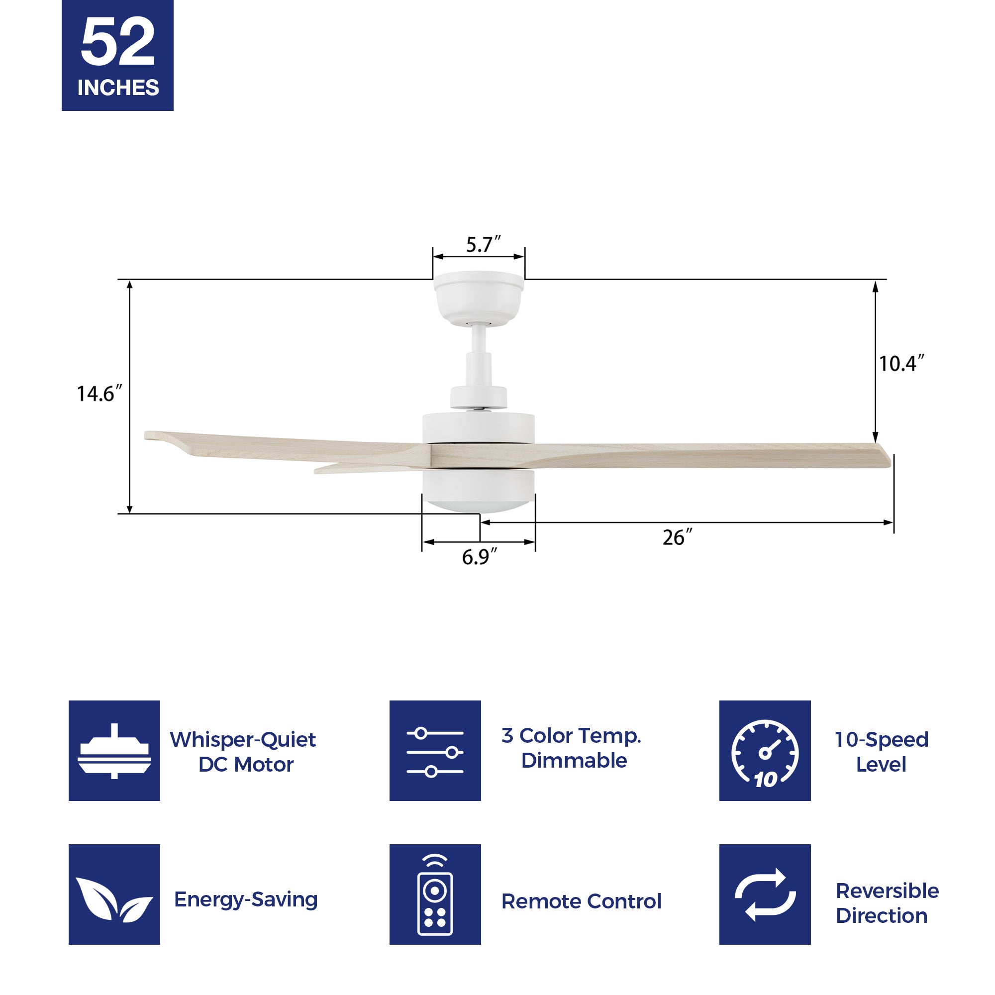 Enhance your indoor space with the 52in Ceiling Fan. Reversible DC motor, Solid Wood blades, and modern design for personalized comfort.