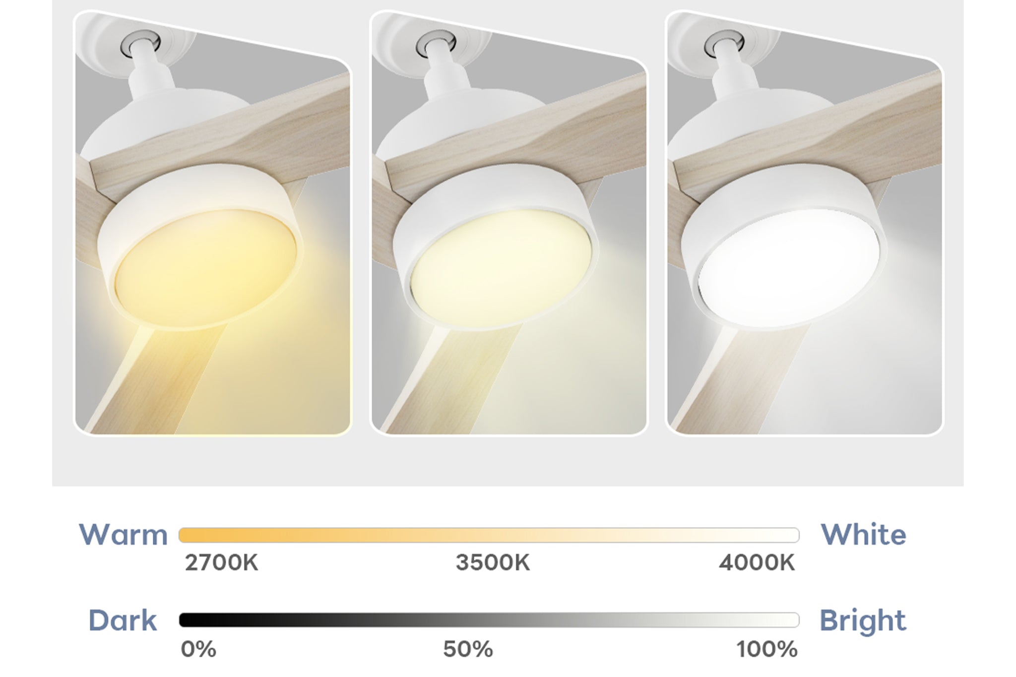 There are three color temp. for choice, warm, natural, and cool light. This 52 inch ceiling fan with dimmable light and remote.