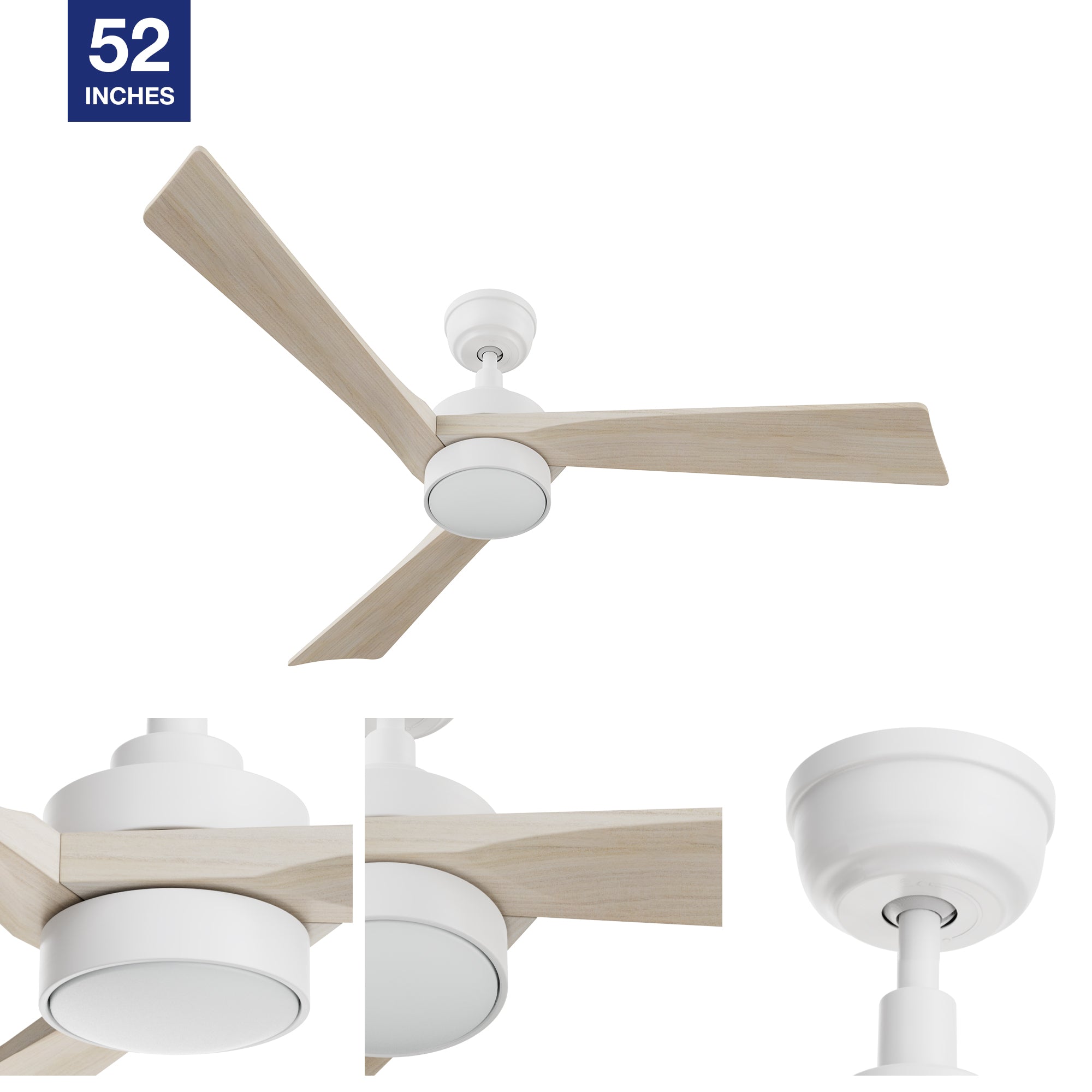 52in modern downrod mounted ceiling fan designs with white downrod and solid wood fan blades.