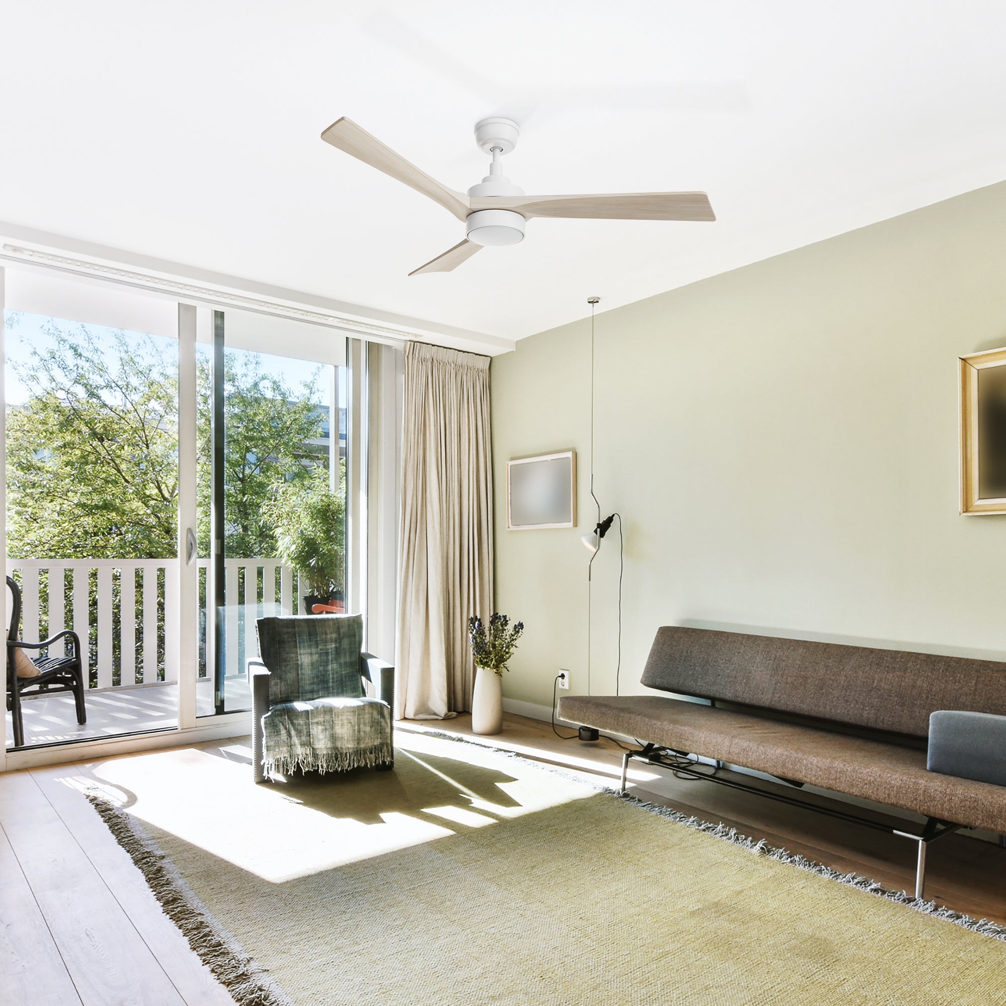 52in Ceiling Fan offers modern elegance for indoor spaces. Reversible DC motor, dimmable LED, and large air volume for a cozy ambiance.