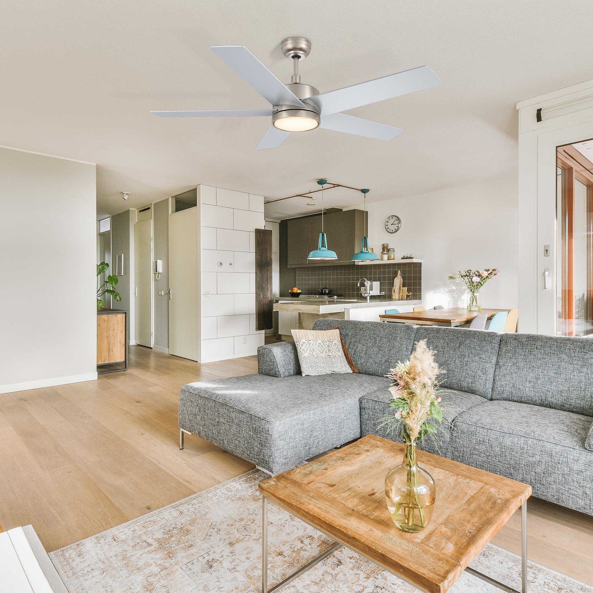 52in Silver Ceiling Fan by Smafan: Modern elegance for indoor spaces. Remote-controlled and reversible motor.
