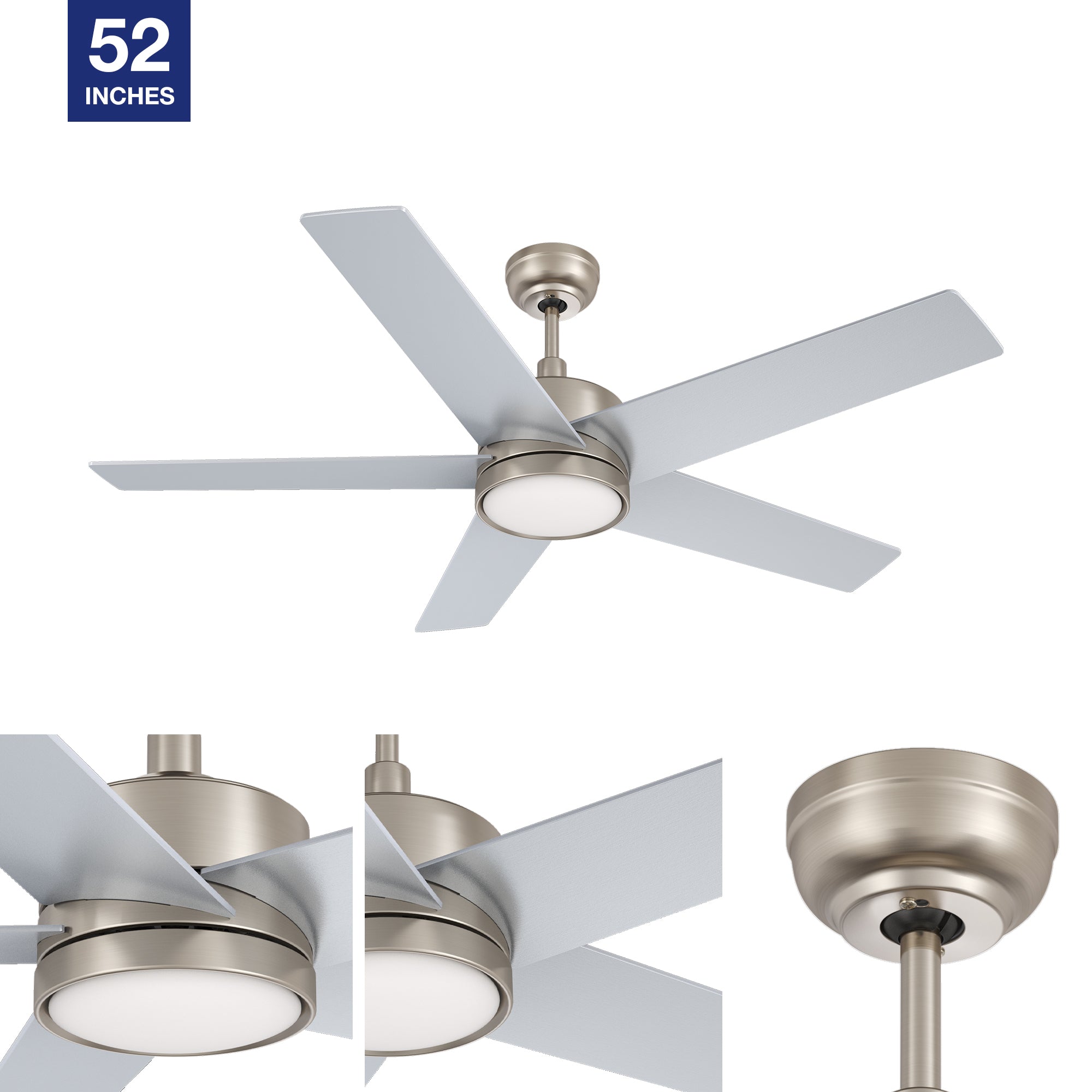 52in modern downrod mounted silver ceiling fan designs with golden downrod and fan cover.