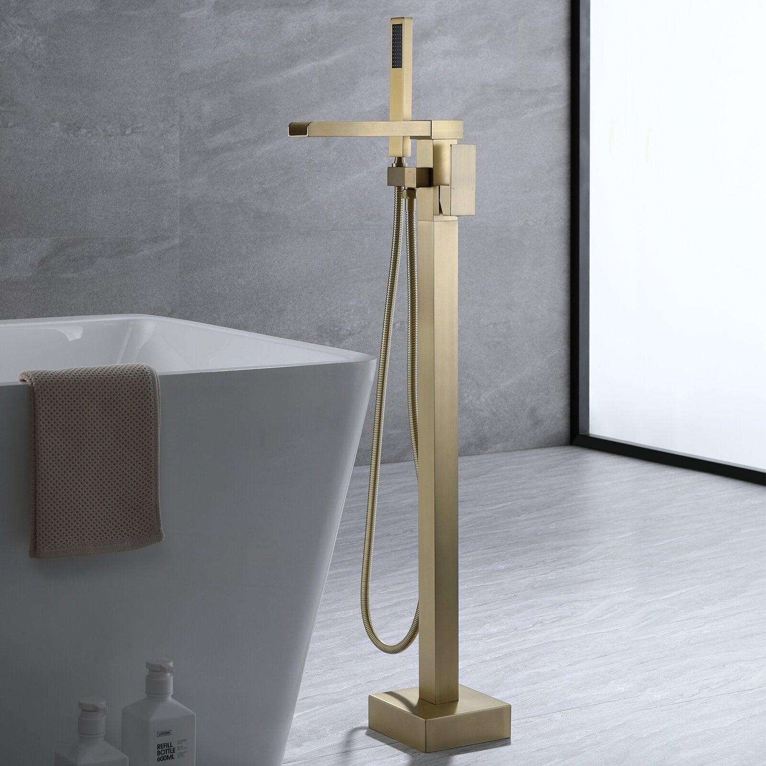 Yonoly Single Handle Freestanding Tub Filler with Handheld in Brush Gold